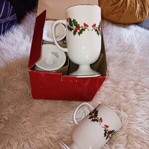 It's Right Around The Corner! Holly Motif Porcelain Pedestal Mugs